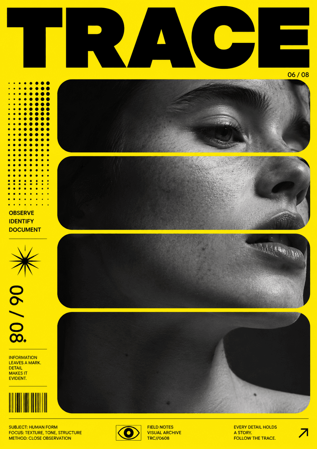 TRACE yellow poster with a black and white portrait divided into horizontal frames